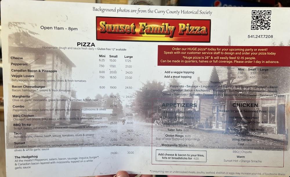 Sunset Family Pizza Menu image 1